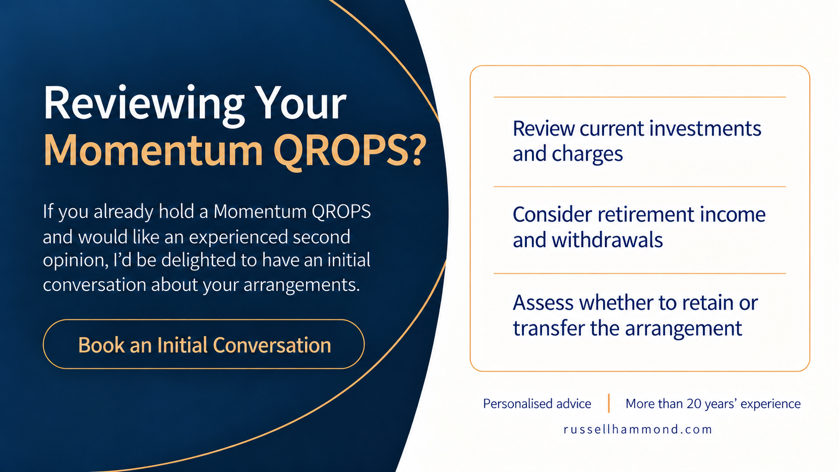 Invitation to review an existing Momentum QROPS, including pension investments, retirement income, charges and whether to retain or transfer the pension.