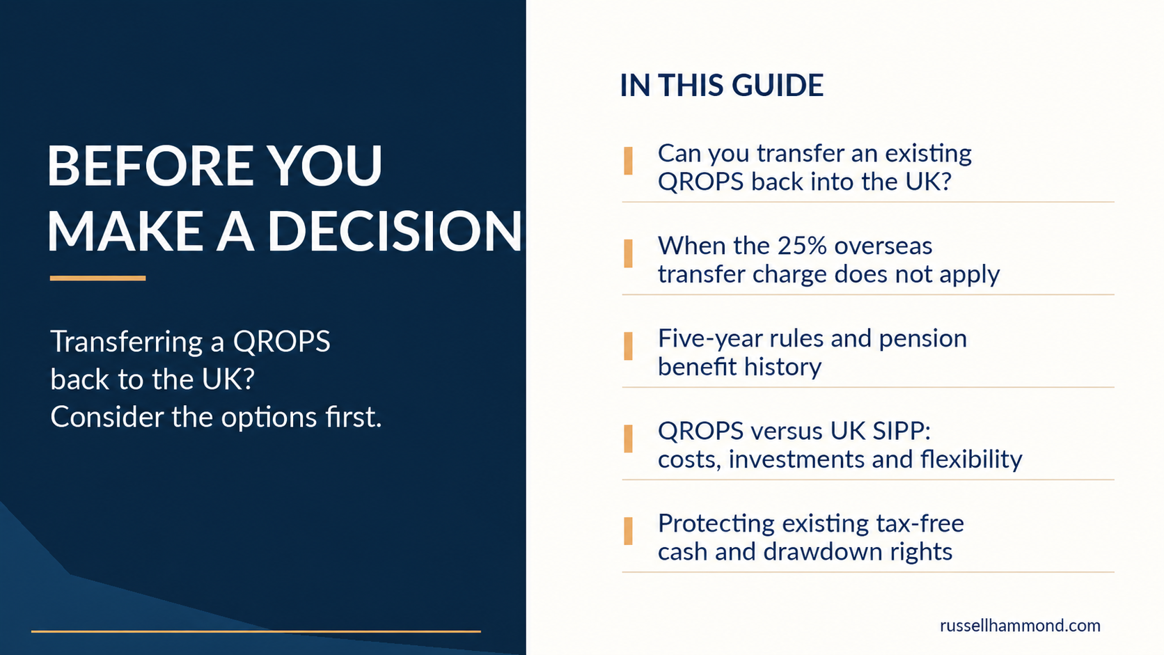 Before You Make a Decision guide explaining QROPS transfers back to the UK, the overseas transfer charge, five-year rules, pension benefits and UK SIPP comparisons.