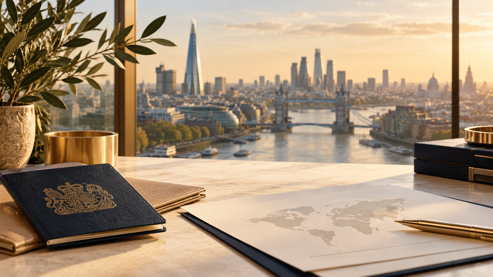 London Desk at Golden Hour Financial planning for UK expats and internationally mobile families, represented by a passport and international investment documents overlooking London.