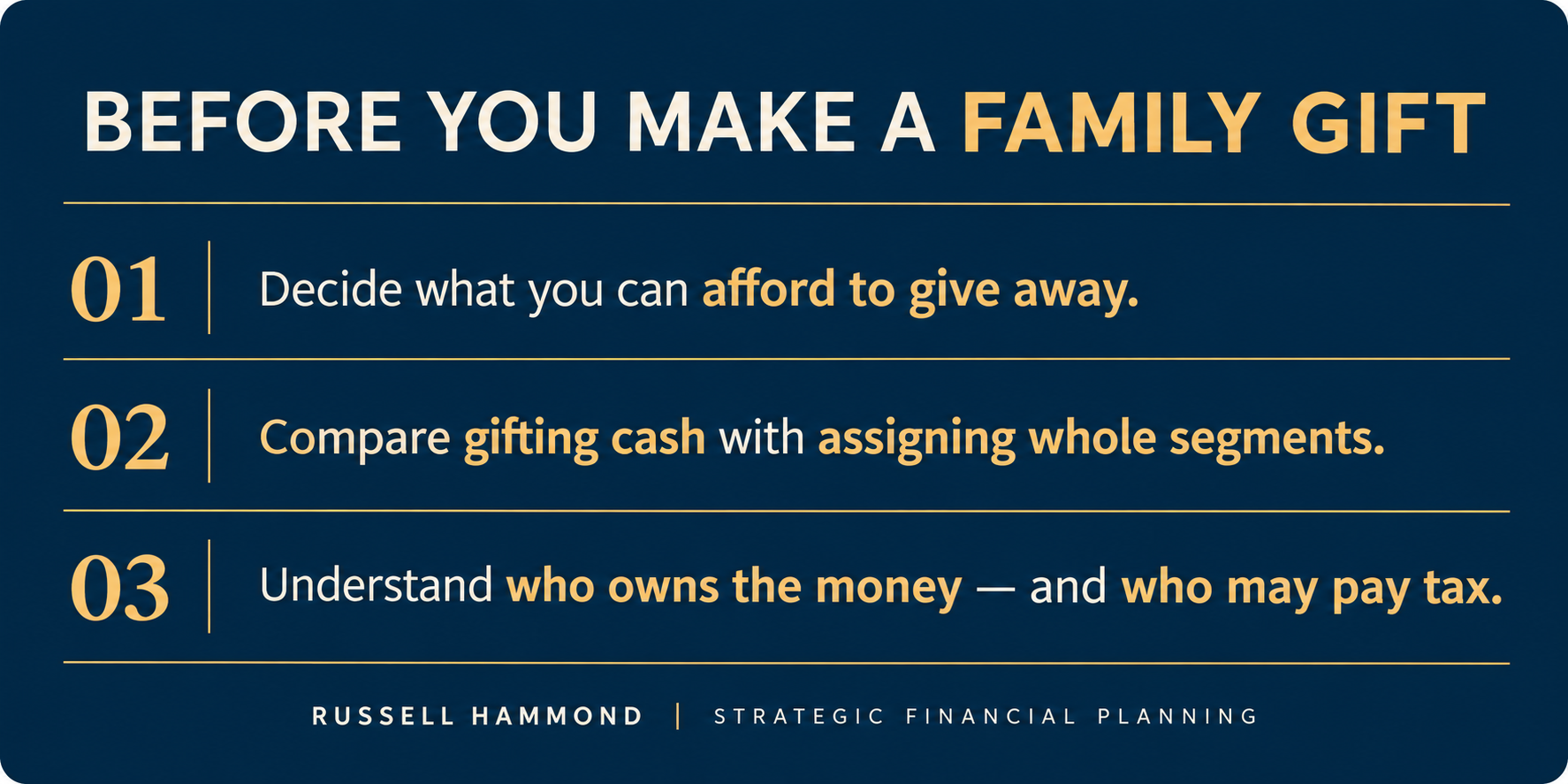 Three priorities before making a family gift: affordability, cash versus segments, and ownership and tax.