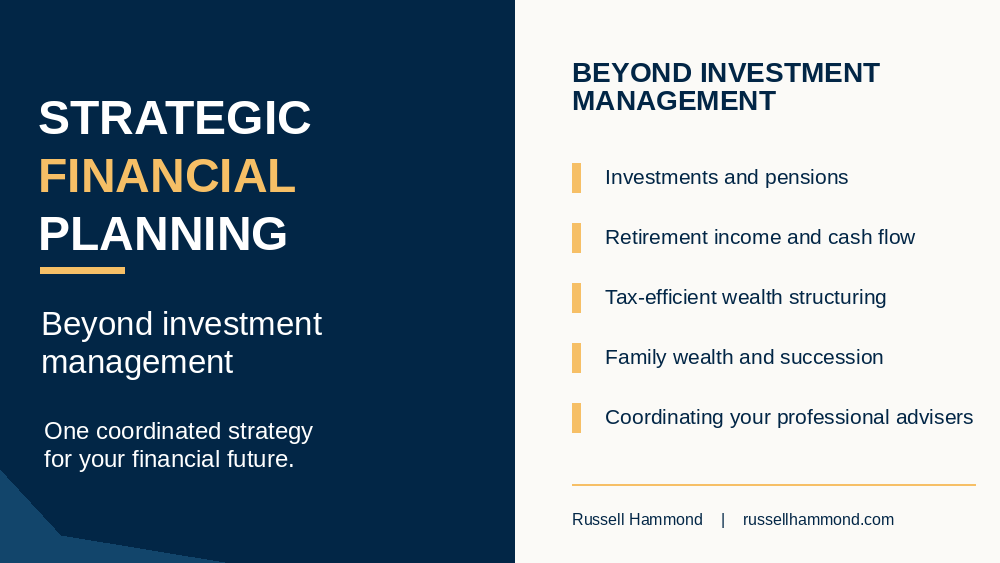 Strategic financial planning brings together investments, retirement income, tax-efficient wealth structuring, family succession and professional advisers.